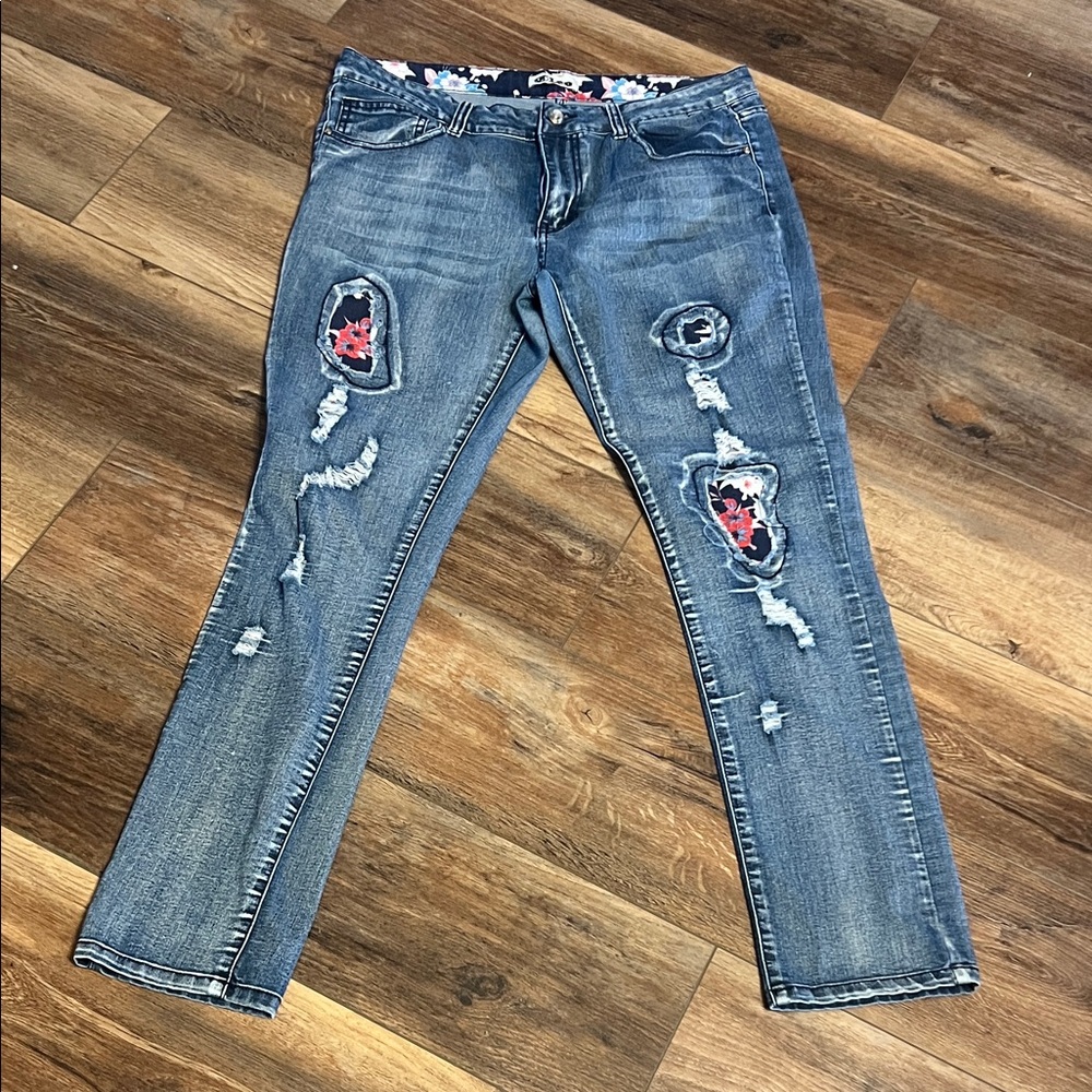 Sz 13 Cleo Blue Straight Leg Jeans with Floral and Distressed Details